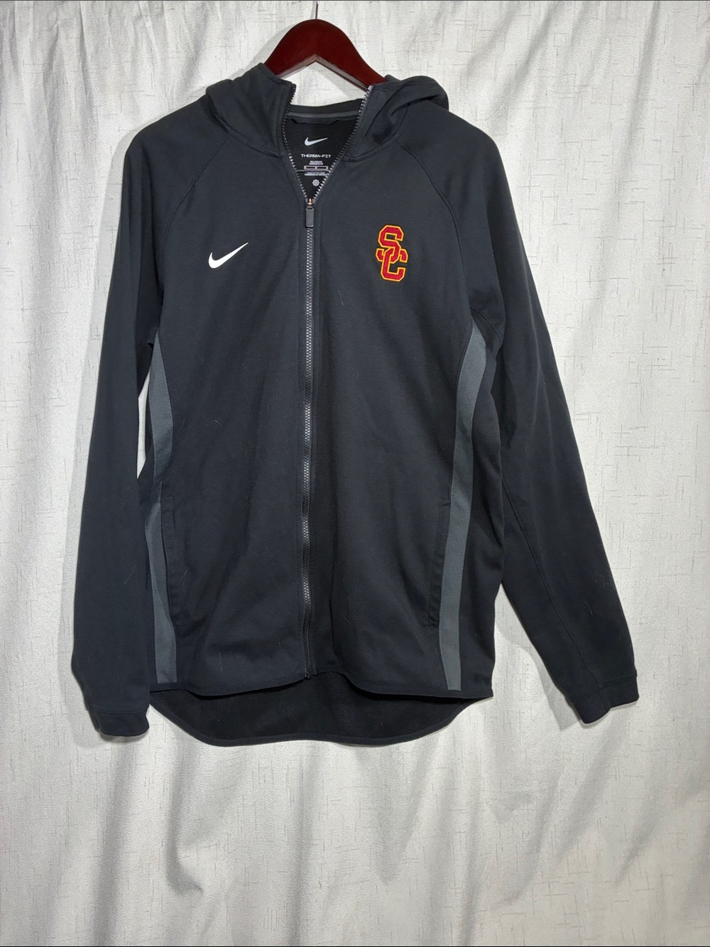 Nike Black Hooded Performance Jacket with Gray Panels and Red-Yellow USC Logo
